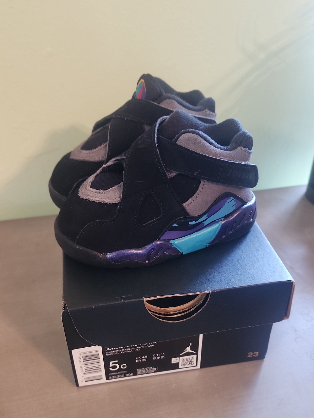 Jordan Kids 8 Retro Black, Purple and Teal Accent Sneakers